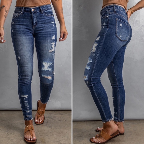 Denim - Dark Wash Distressed Skinny Jeans